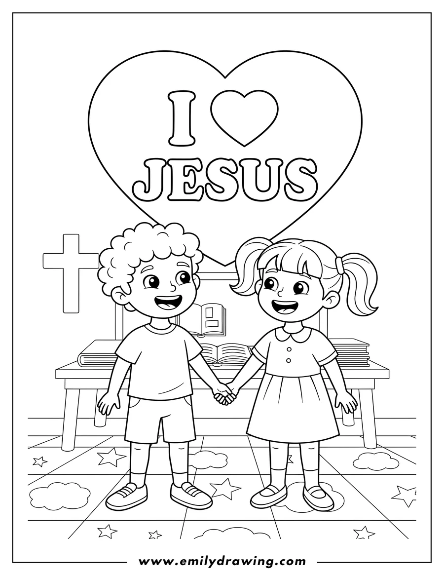 Vector style outline of I Love Jesus Sunday School coloring page, featuring the words 'I ❤️ JESUS' in bold block letters