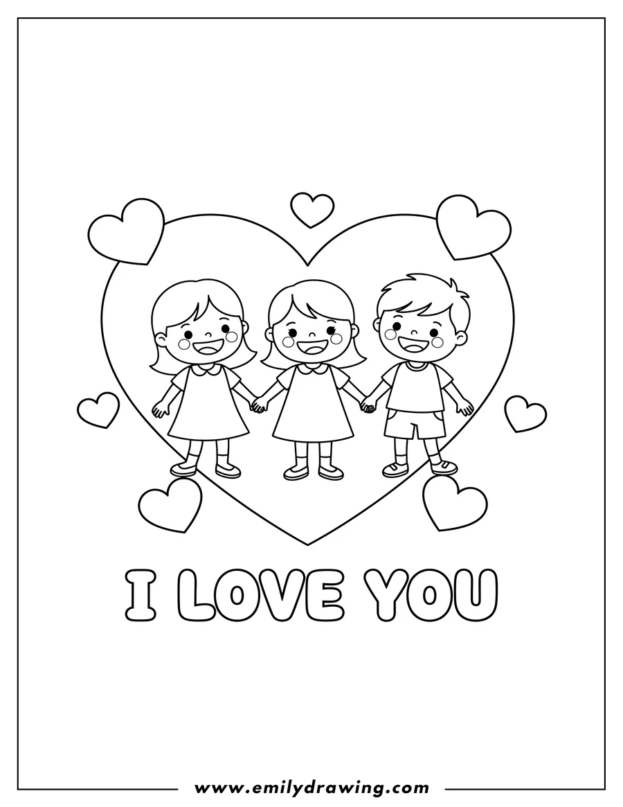 Linear illustration of simple I Love You Preschoolers coloring page with a large heart and small hearts