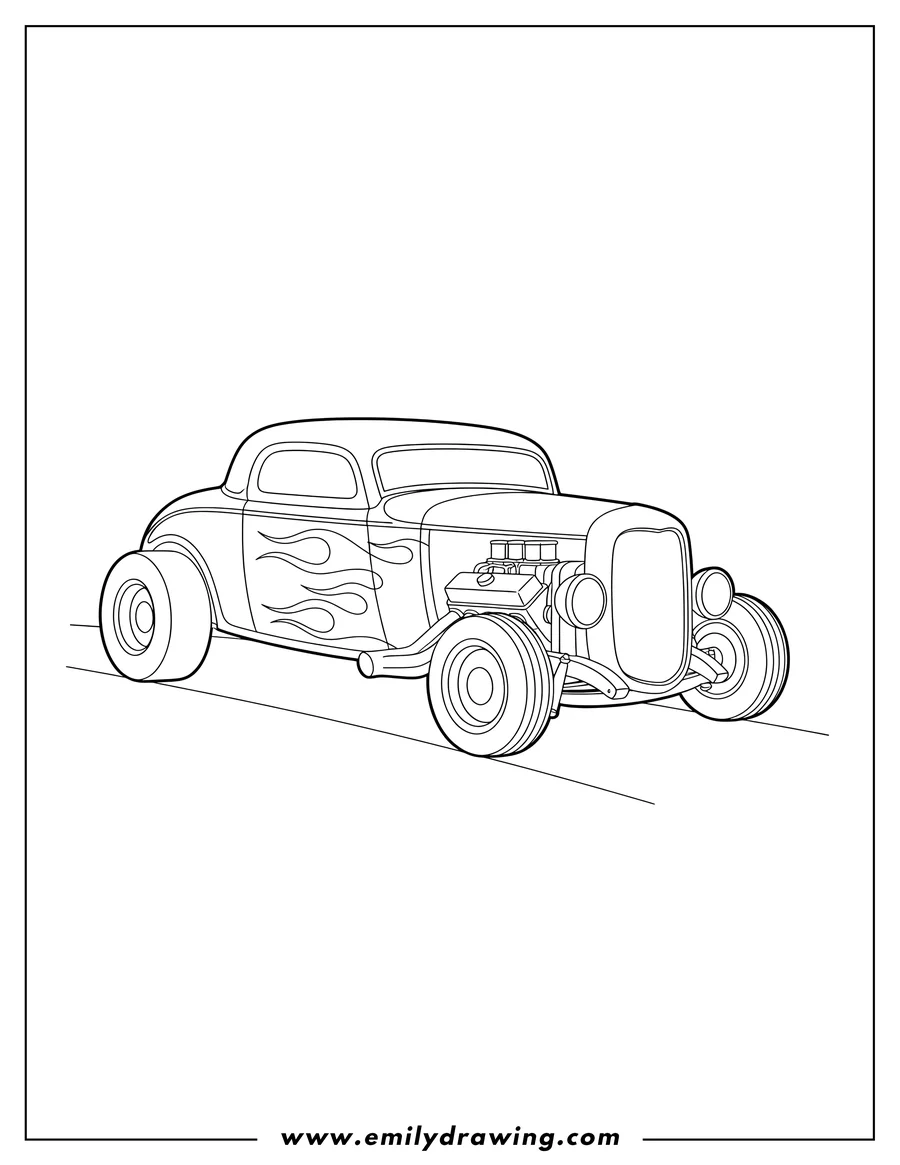 Coloring page of simple Iconic Deuce Coupe Hot Rod Car, angled view