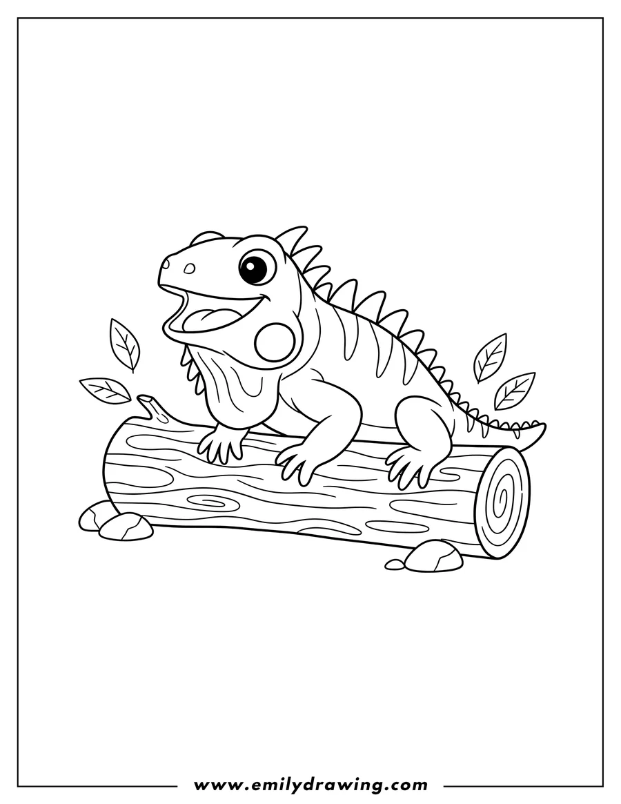 PDF style coloring page: simple Iguana With Mouth Open, with spiky back, lying on a log