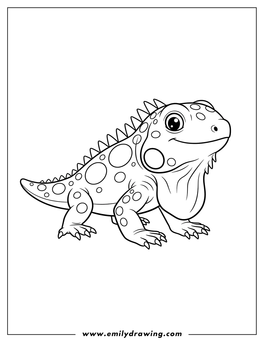 Simple sketch of simple Iguana With Spotted Back, a dorsal crest, a dewlap, and standing on all fours to color