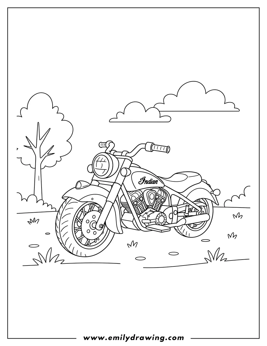 Full page coloring image of indian Motorcycle Scaled, parked outdoors