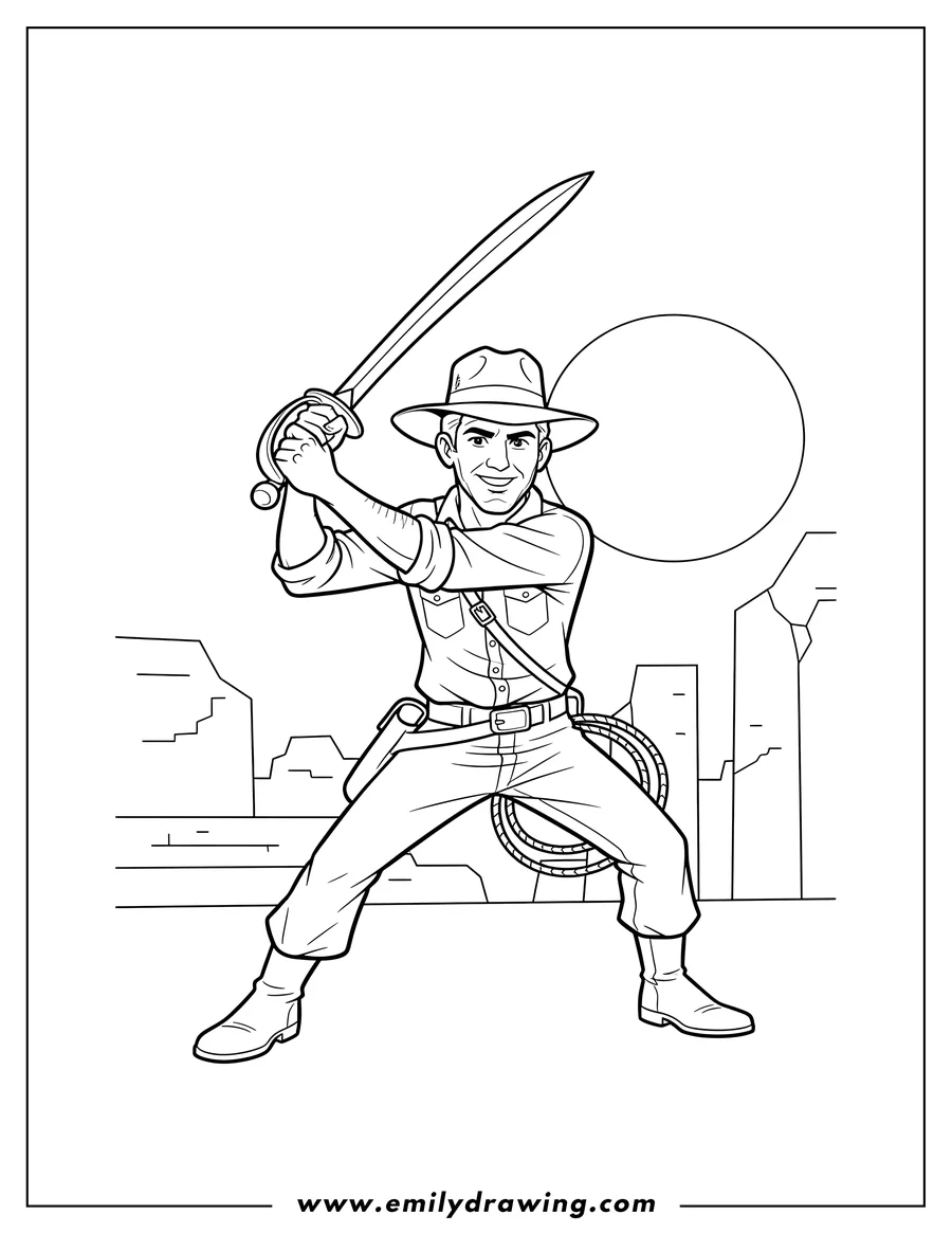 Free to print drawing of indiana Jones holding a sword in an action pose