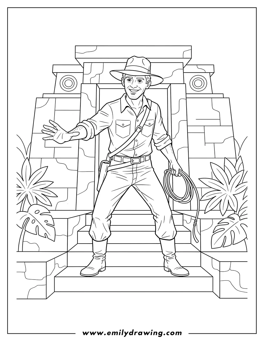 Doodle style coloring picture of indiana Jones in a temple, holding his whip and holding out his hand