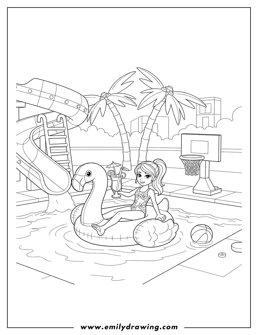 Vector style outline of lego Friends Heartlake City, Isabella relaxing by a pool with a drink, featuring a slide and a basketball hoop