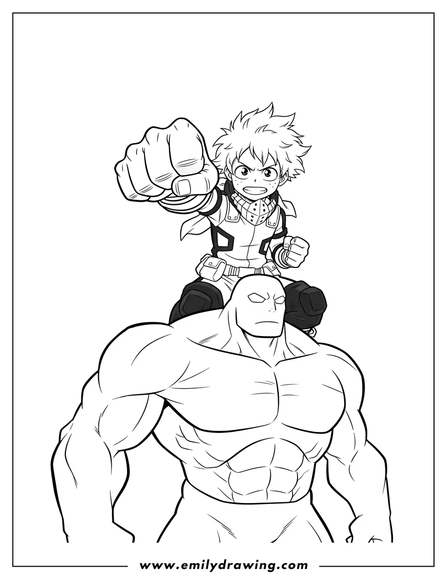 Free printable coloring sheet of izuku Midoriya (Deku) in his hero costume, fist extended, positioned on the back of a large muscular figure