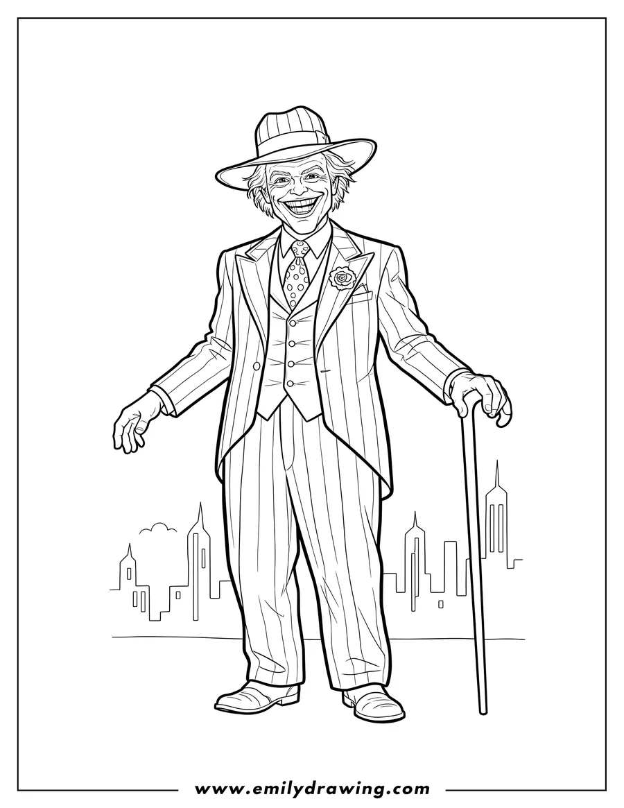 Linear illustration of jack Nicholson As Joker smiling, wearing a hat, and holding a cane