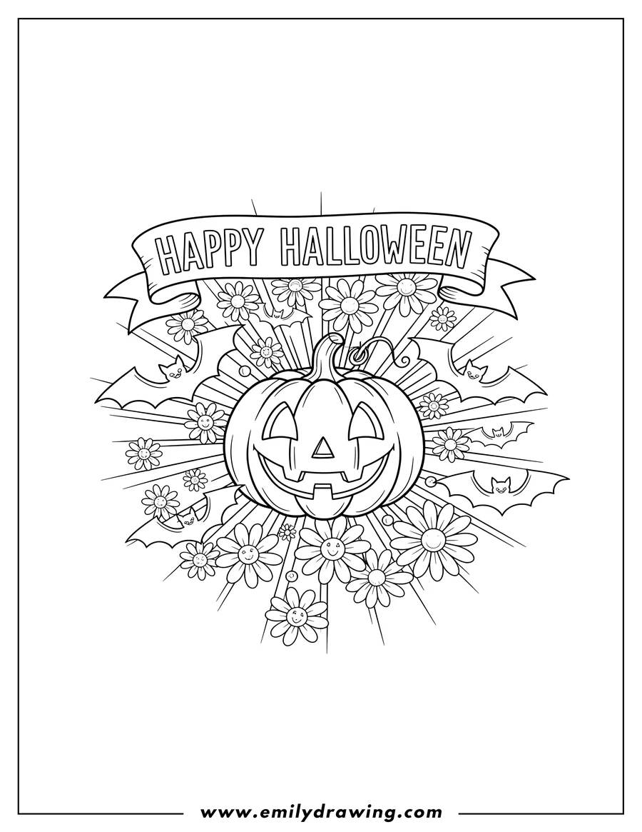 High quality printable jack-o'-lantern surrounded by daisies with a Happy Halloween banner and flying bats for coloring