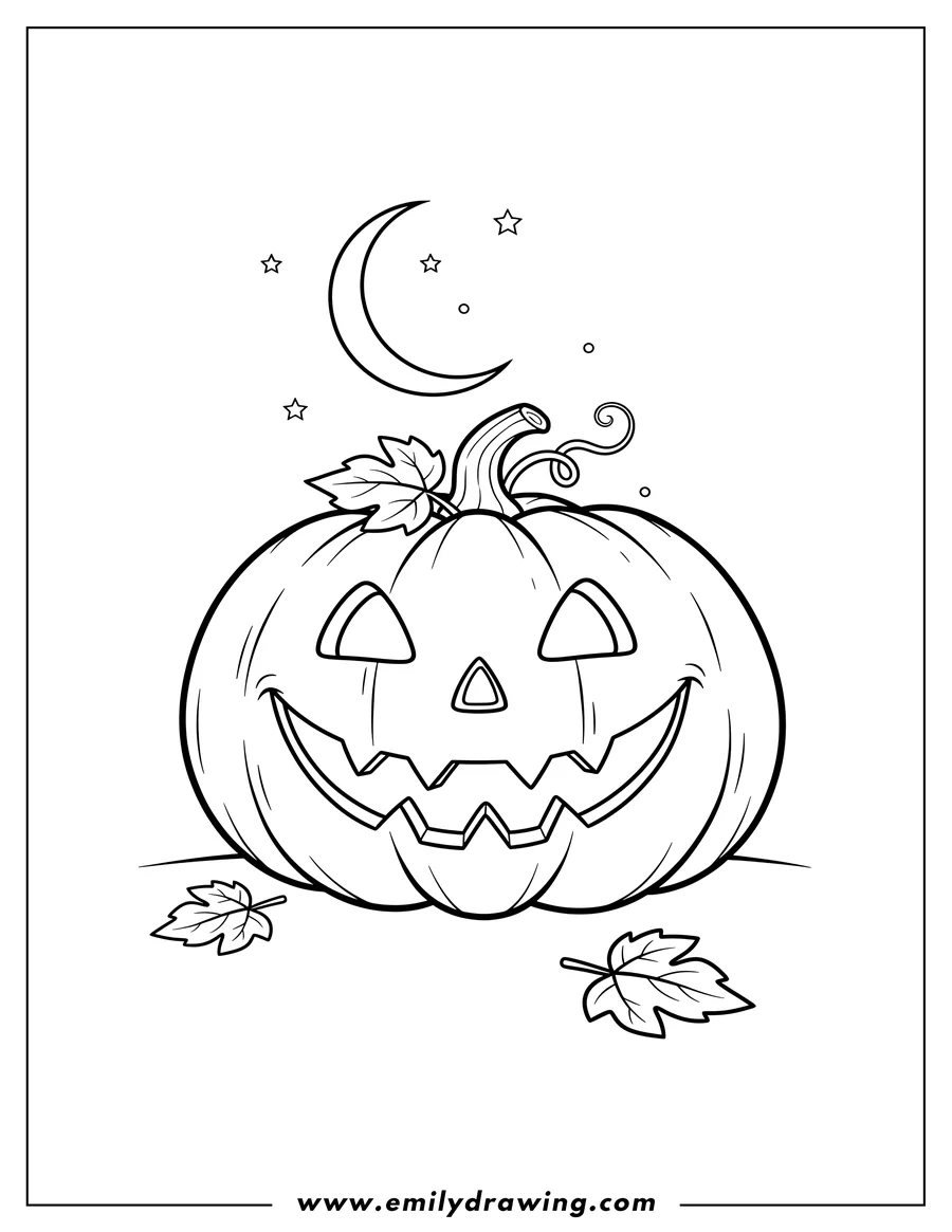 Coloring sheet featuring jack O Lantern with a jagged smile under moonlight