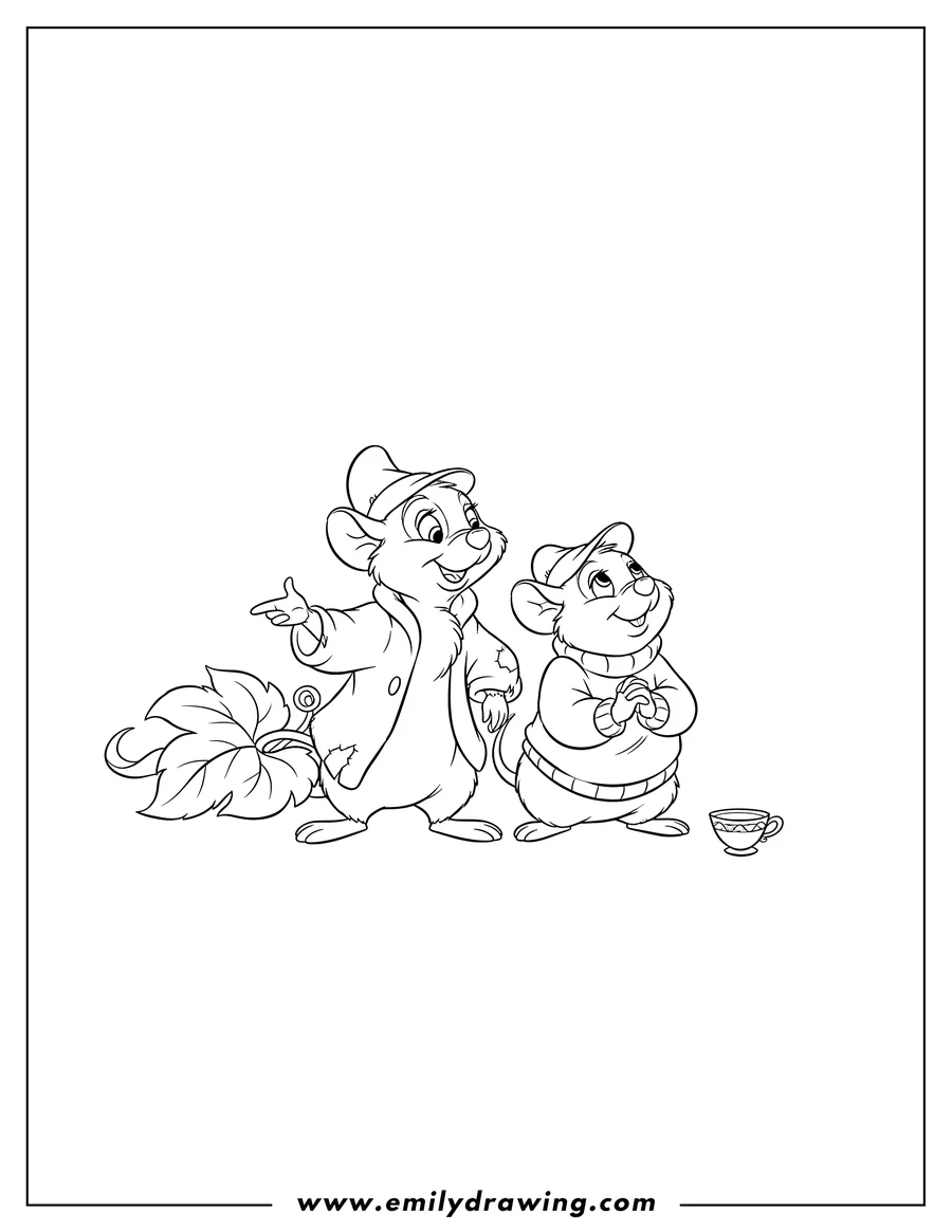 Full page coloring image of jaq And Gus Mice From Cinderella To Color Scaled, with Jaq gesturing and Gus looking up with clasped hands