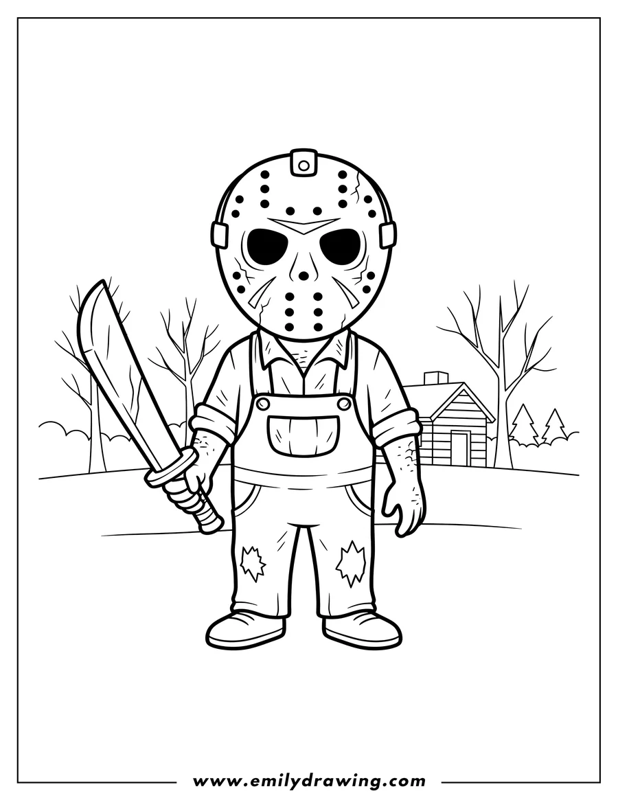 PDF style coloring page: jason From Friday 13Th wearing a hockey mask and holding a machete