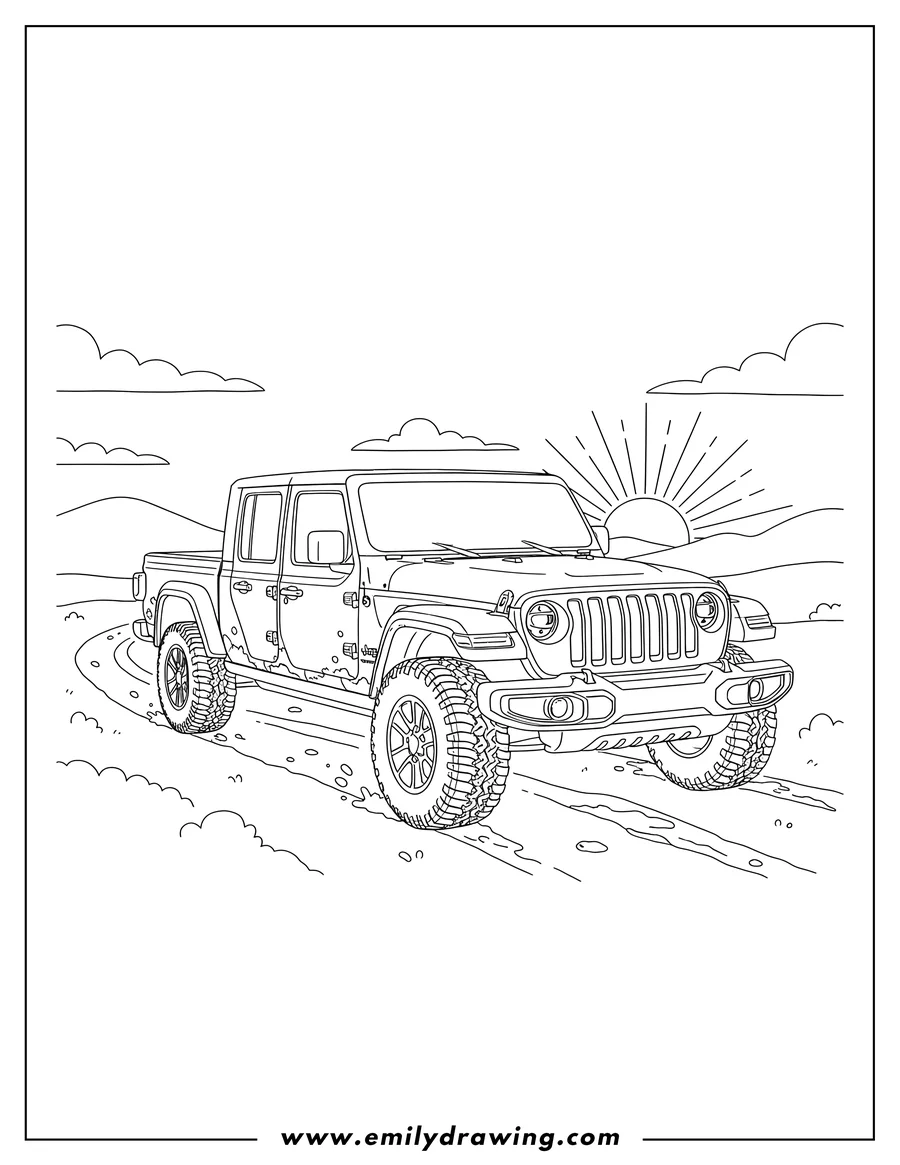 Doodle style coloring picture of jeep Gladiator 4-door pickup truck parked on a muddy road