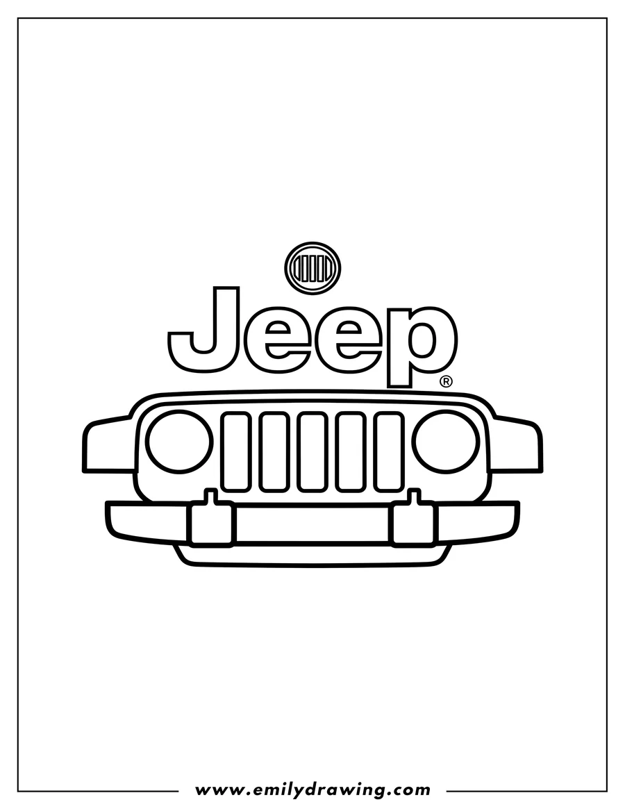 Black and white line art of jeep logo featuring the word Jeep and its front grill with headlights