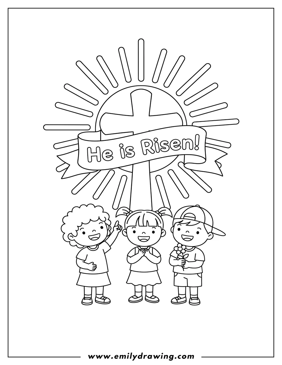 Printable coloring page of jesus He Is Risen Preschoolers Scaled: a cross with a 'He is Risen!' banner and sun rays