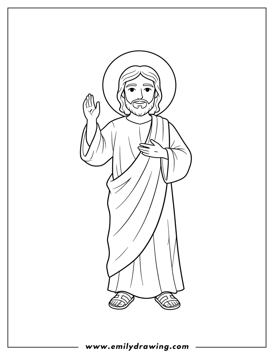 Printable line art of simple Jesus with a halo, with his right hand raised and left hand on his chest