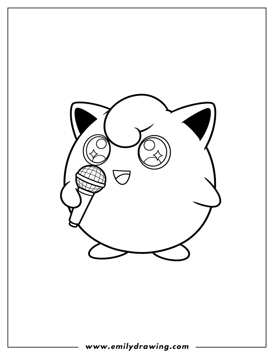Clean line drawing: jigglypuff Video Game, holding a microphone, with sparkling eyes