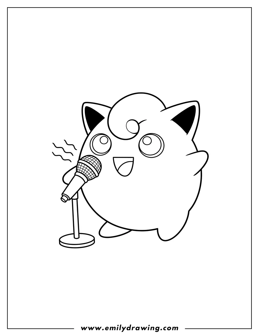 Outline drawing of simple Jigglypuff Outline, holding a microphone, singing