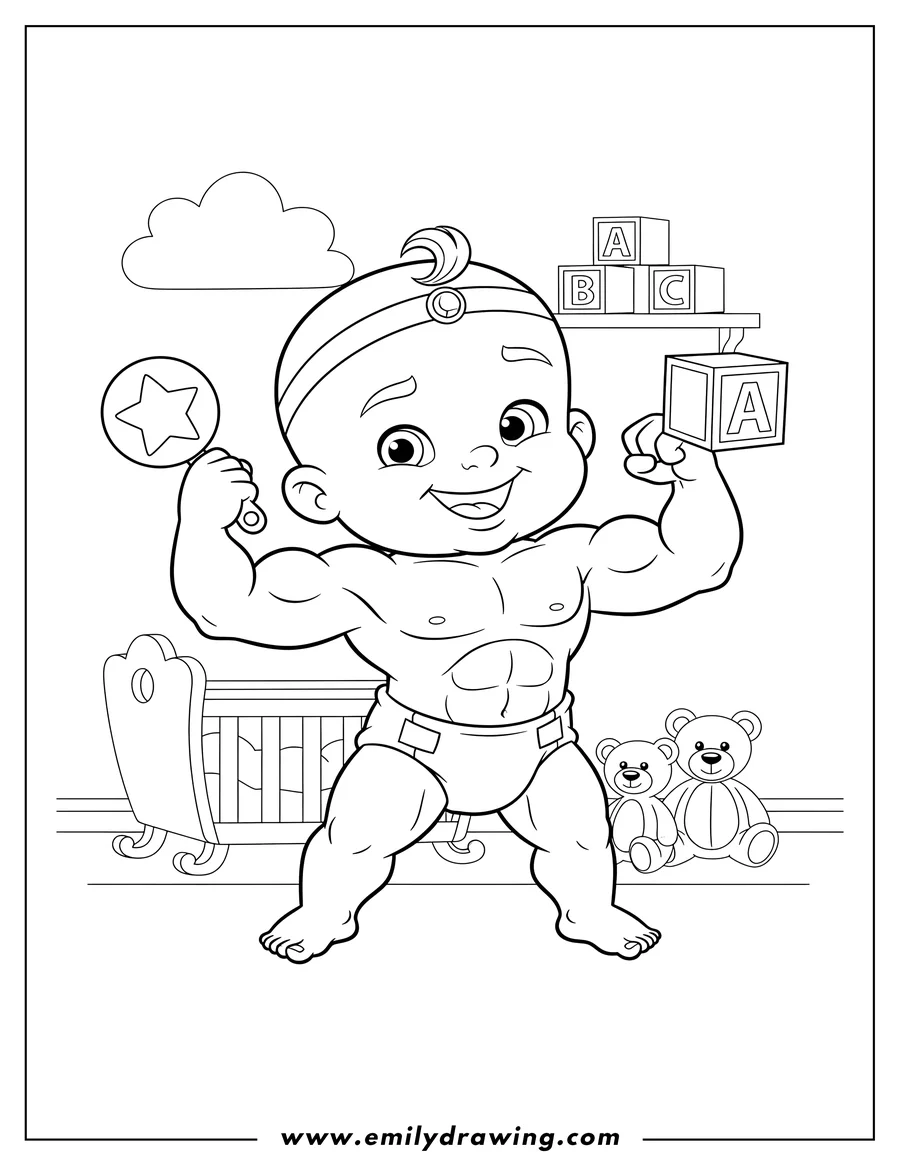 Free to print drawing of jimbo Flexing Muscles Nursery, standing in a diaper and headband