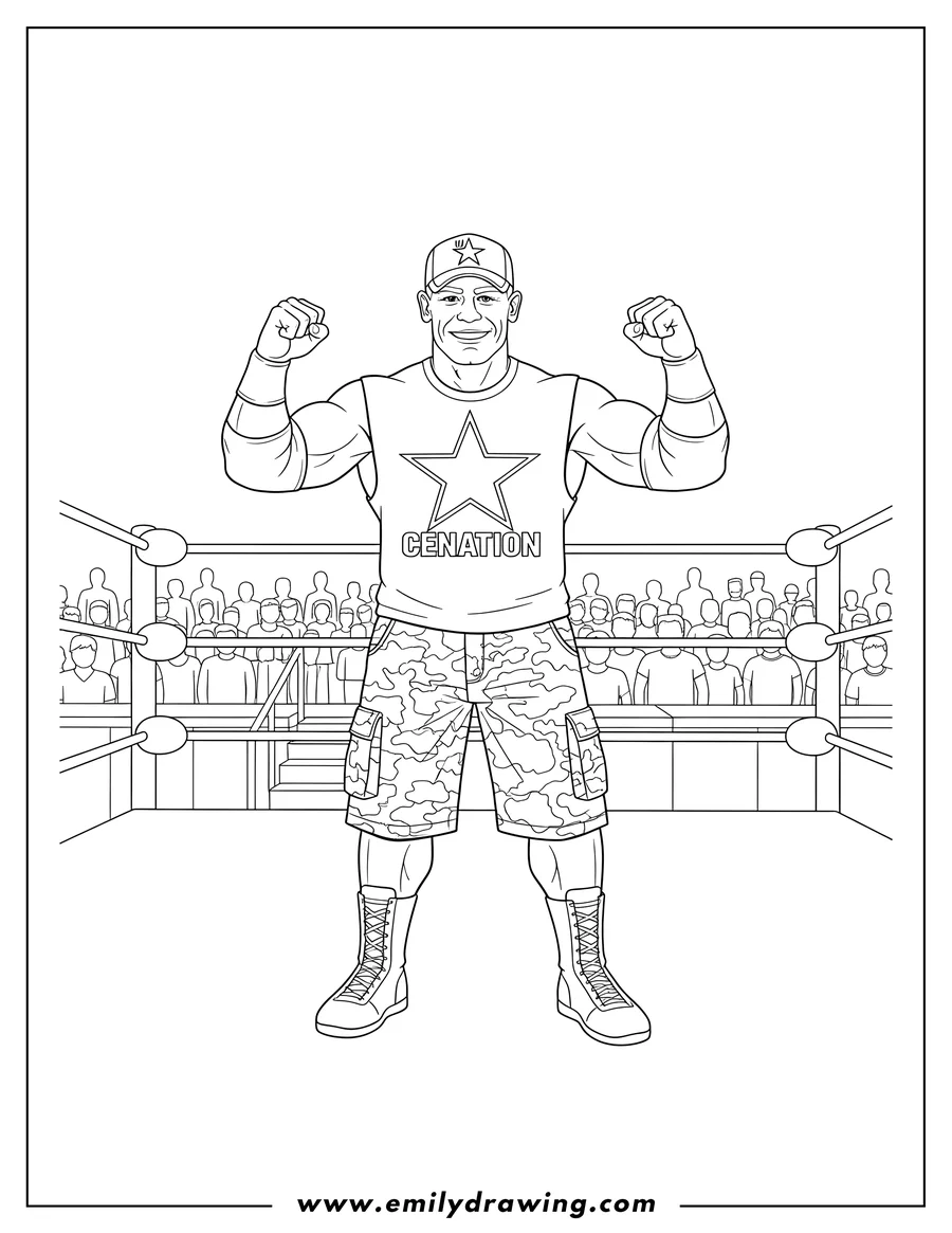 Full page coloring image of john Cena inside a WWE ring, standing with his fists up