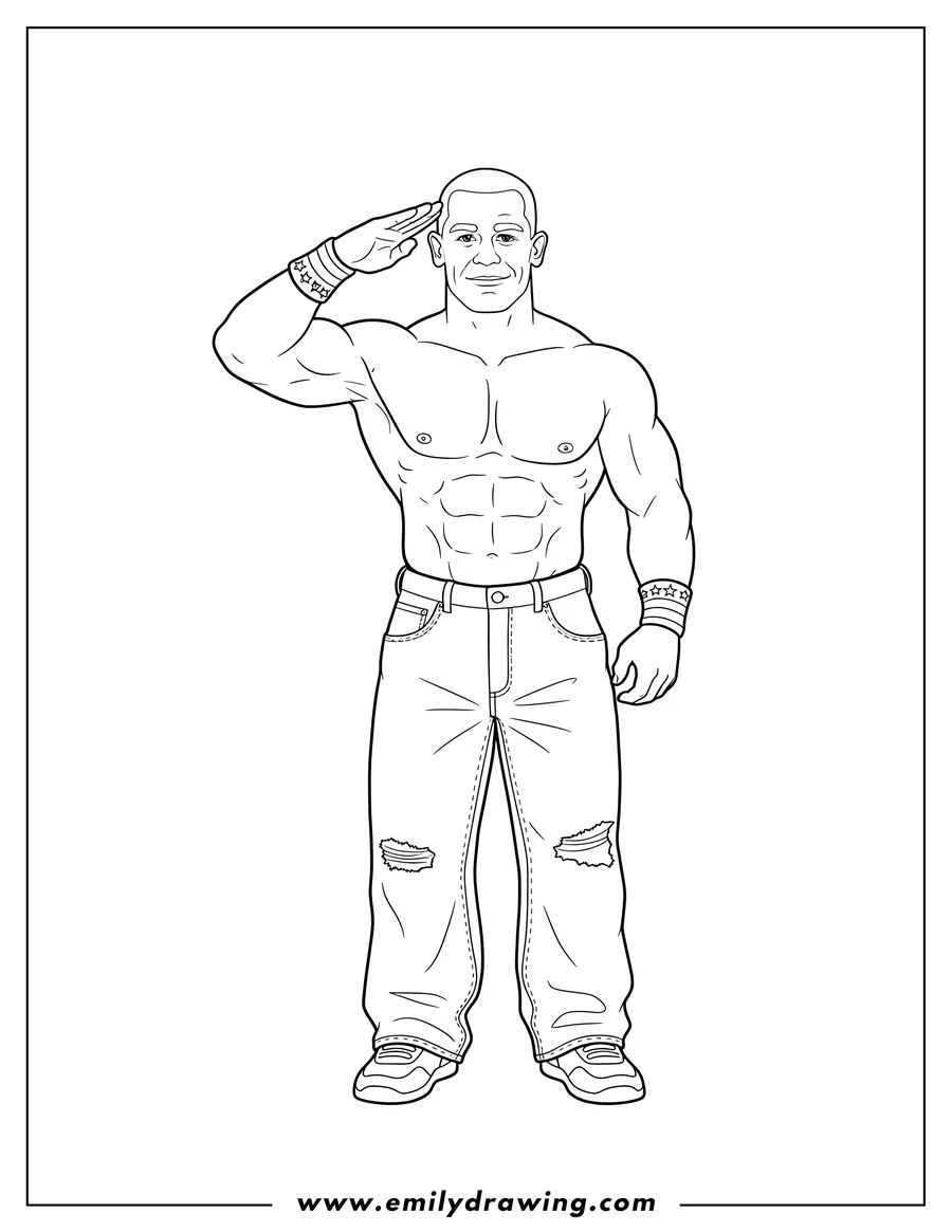 Simple sketch of simple John Cena saluting, shirtless, wearing jeans and wristbands to color