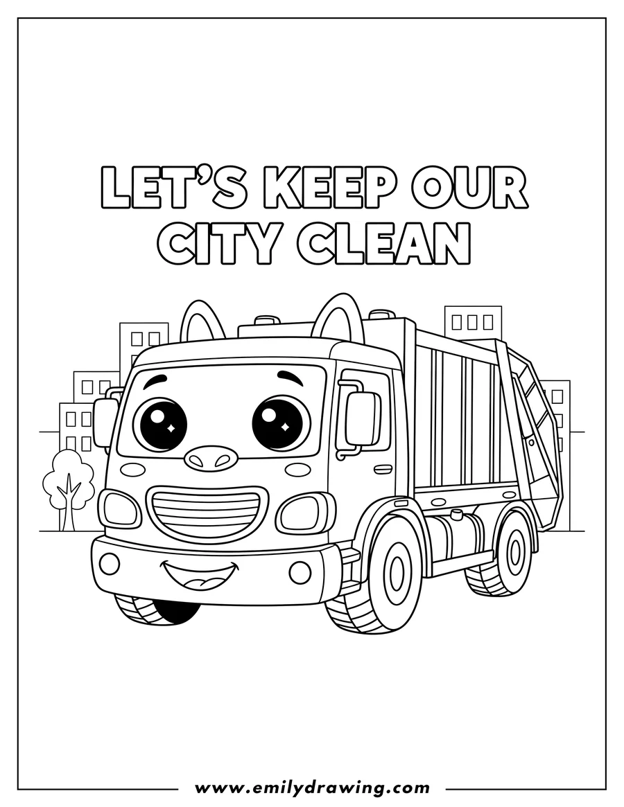 Clean line drawing: jolly Cartoon Garbage Truck with big friendly eyes and a wide smile, saying Let's Keep Our City Clean