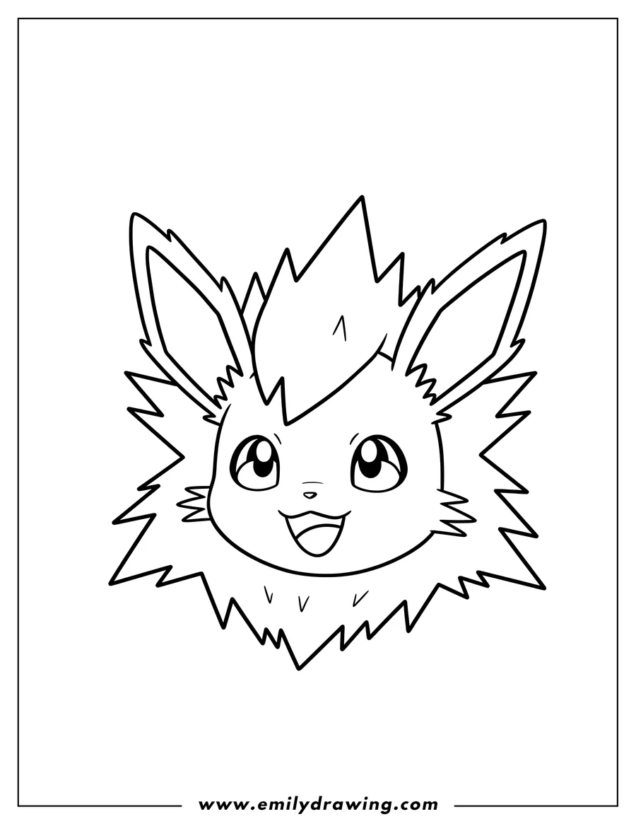Printable coloring page of simple Jolteon Outline Preschoolers, happy headshot with spiky mane