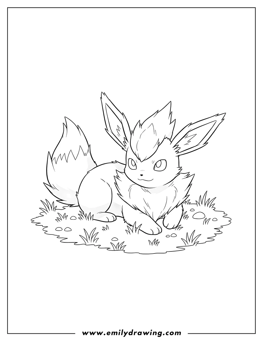 PDF style coloring page: jolteon with spiky fur lying down on grass