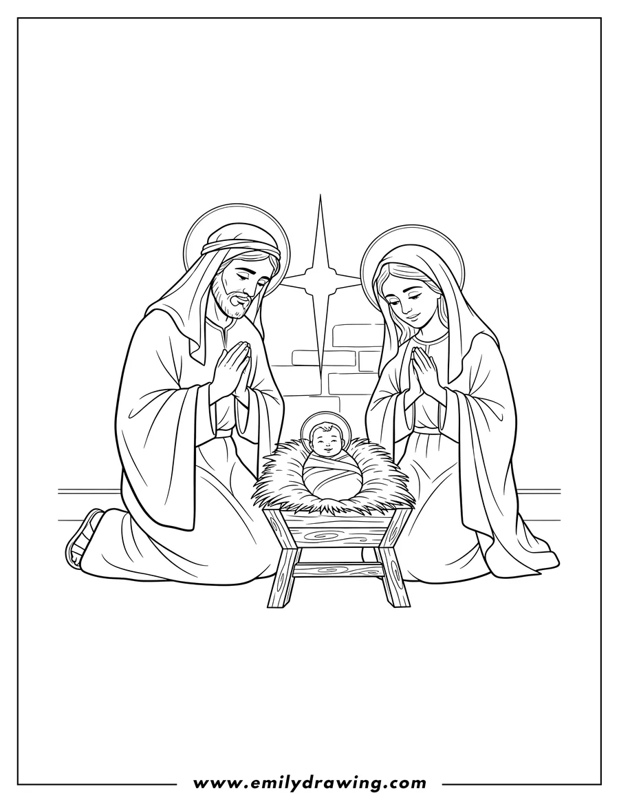Printable coloring page of joseph and Mary with clasped hands, adoring Baby Jesus in a manger