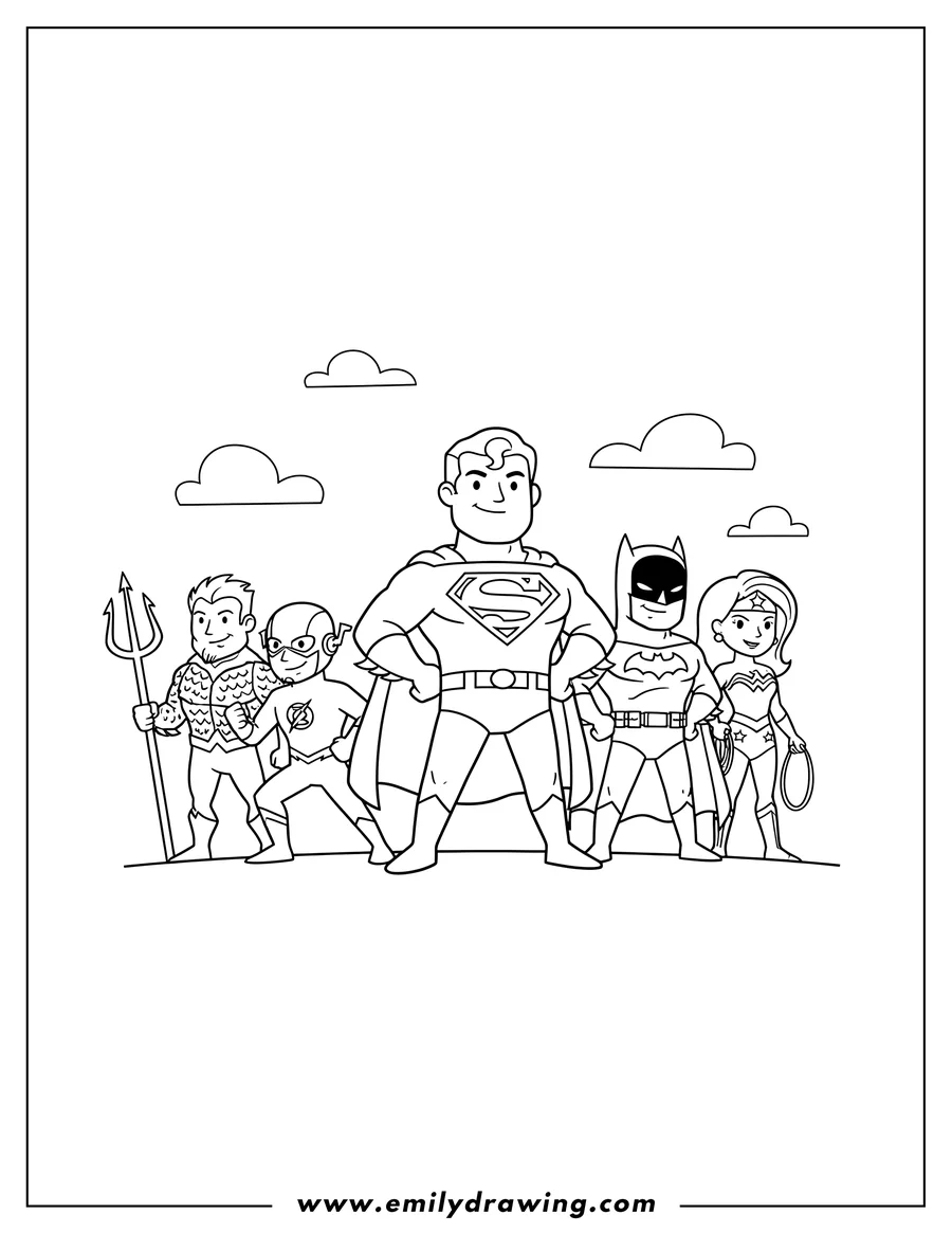 Simple sketch of simple Justice League Cartoon with Superman and the team standing together to color