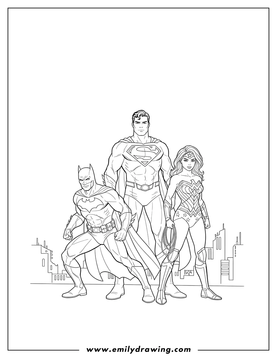 Vector style outline of justice League Formation with Superman, Wonder Woman, and crouching Batman
