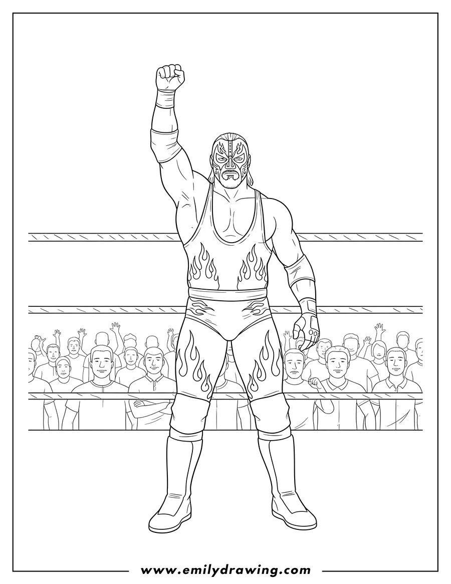 Simple sketch of kane From Wwe in a wrestling ring with arm raised to color