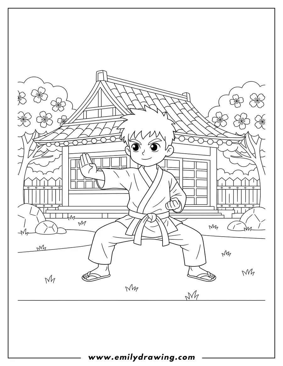 Clean line drawing: karate Boy Posing Outside Dojo, in a low horse stance with one hand open and the other fisted