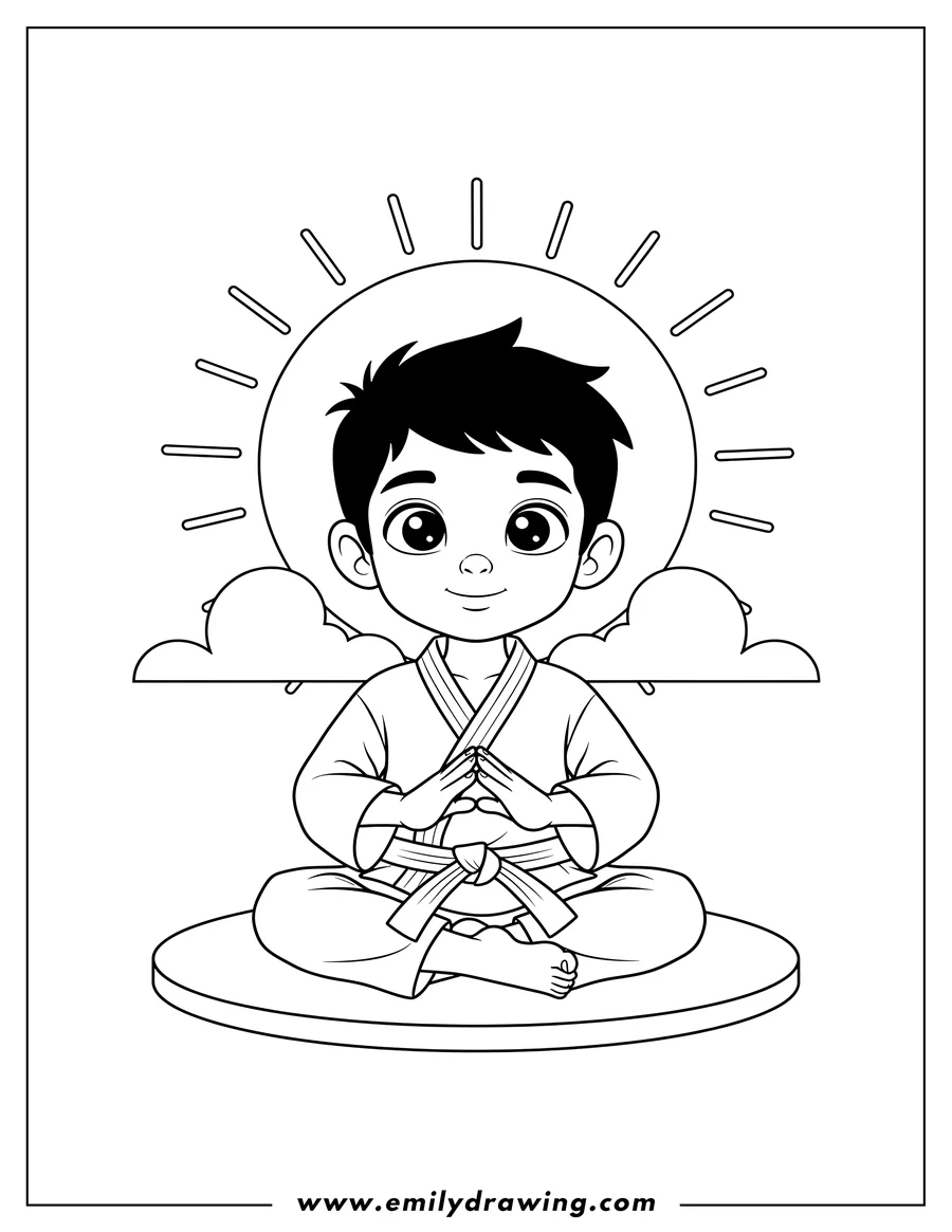 Doodle style coloring picture of karate Fighter Meditating, sitting cross-legged with hands clasped in lap