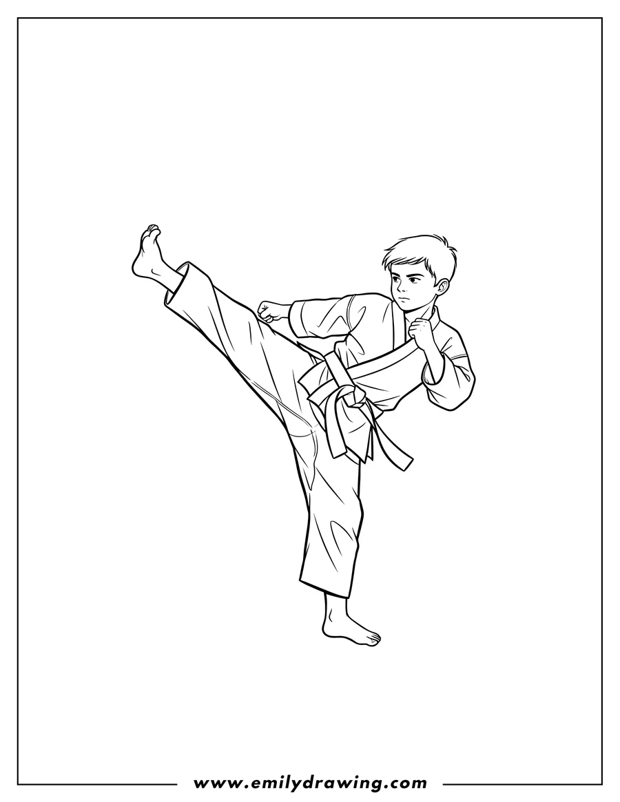 Printable line art of simple Karate Side Kick, person in gi doing a high kick with hand near chin