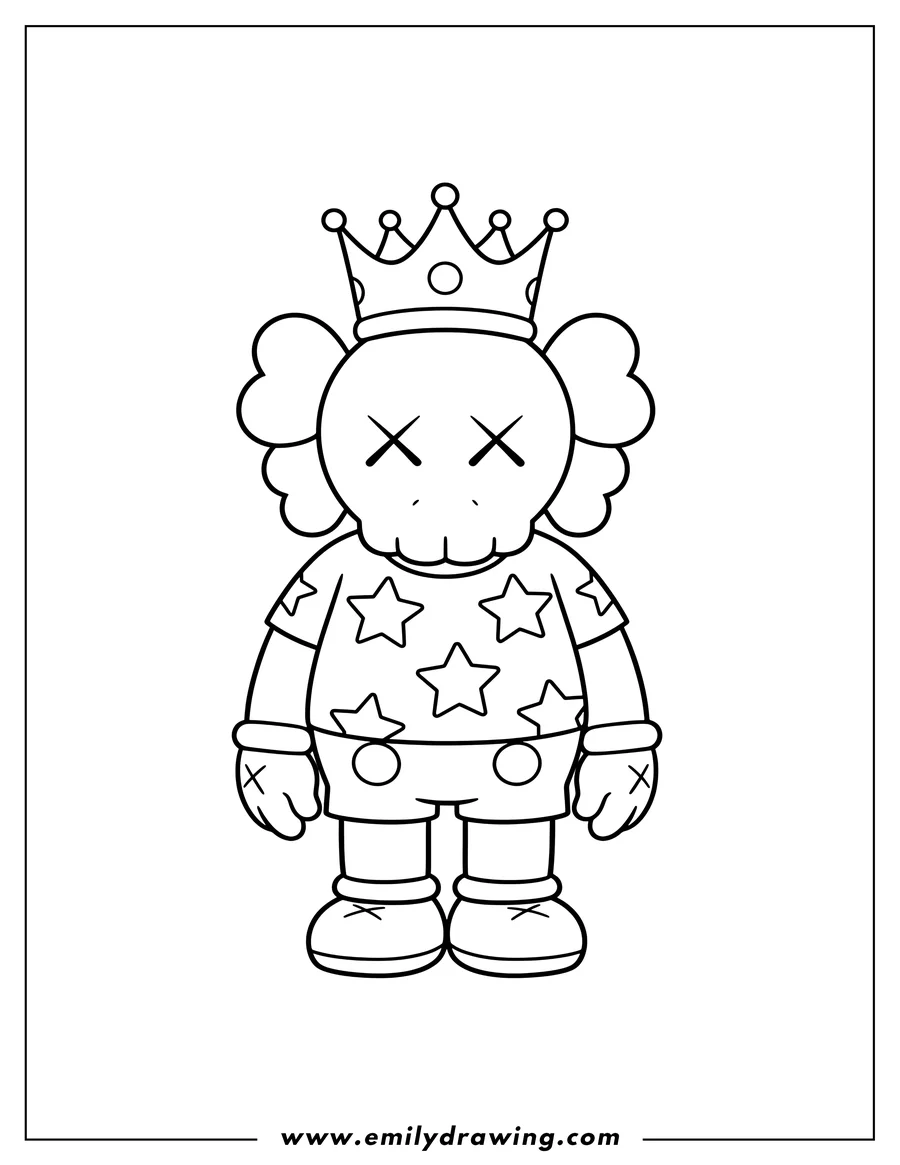 Black and white line art of simple Kaws Companion with X eyes and crown, wearing a star shirt, for preschoolers