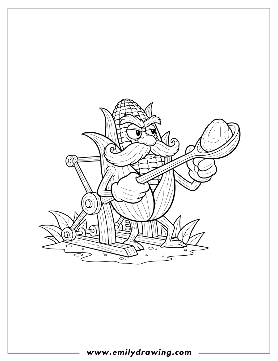 Free printable coloring sheet of kernal Pult From Plants Vs Zombies with a mustache, preparing to launch a kernel with a spoon
