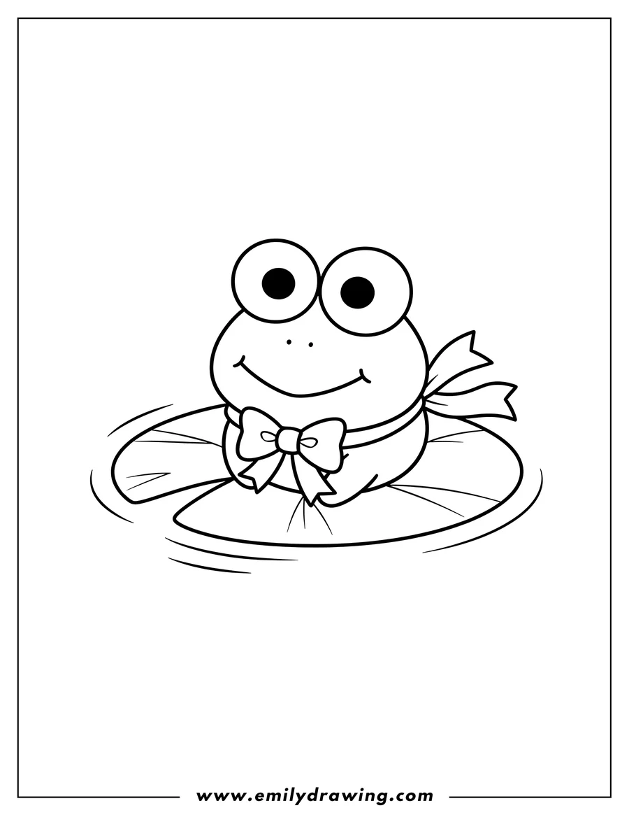 Black and white line art of simple Keroppi floating on a lily pad wearing a bow tie