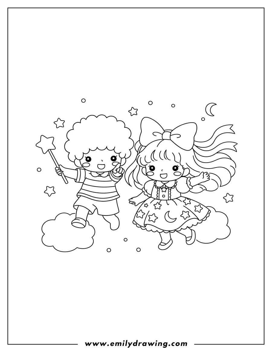 Coloring sheet featuring kiki and Lala with Kiki holding a star wand and pointing, and Lala wearing a bow