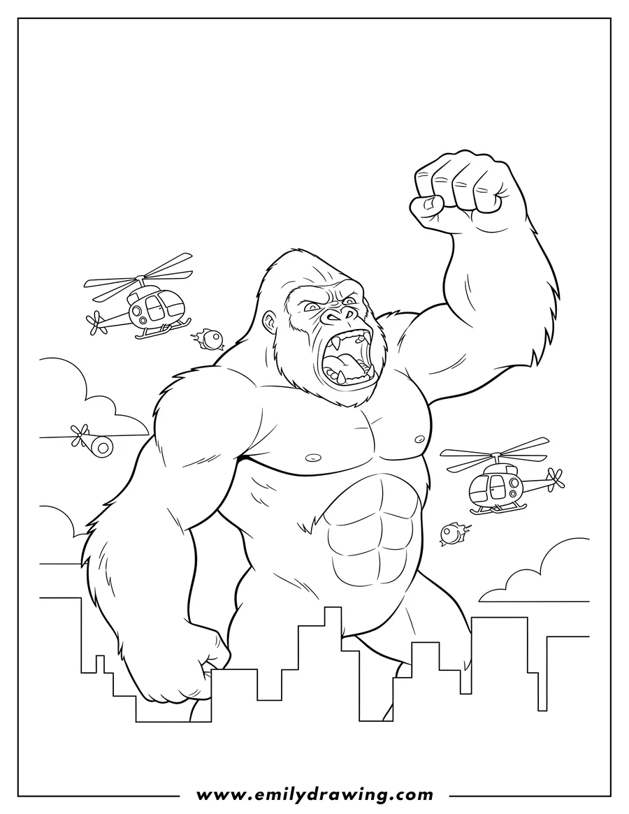Free to print drawing of king Kong roaring with a raised fist, fighting helicopters