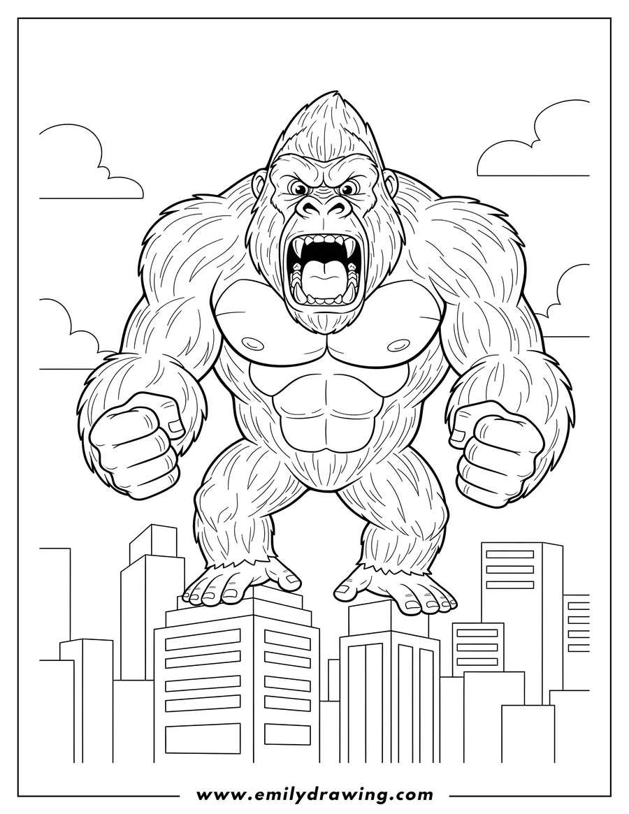 Vector style outline of king Kong Gorilla Scaled roaring with clenched fists