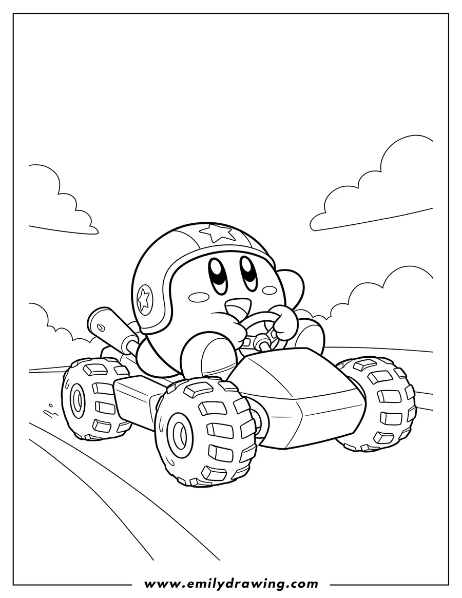 Printable line art of kirby driving a kart with rugged wheels, looking up, Mario Kart coloring page