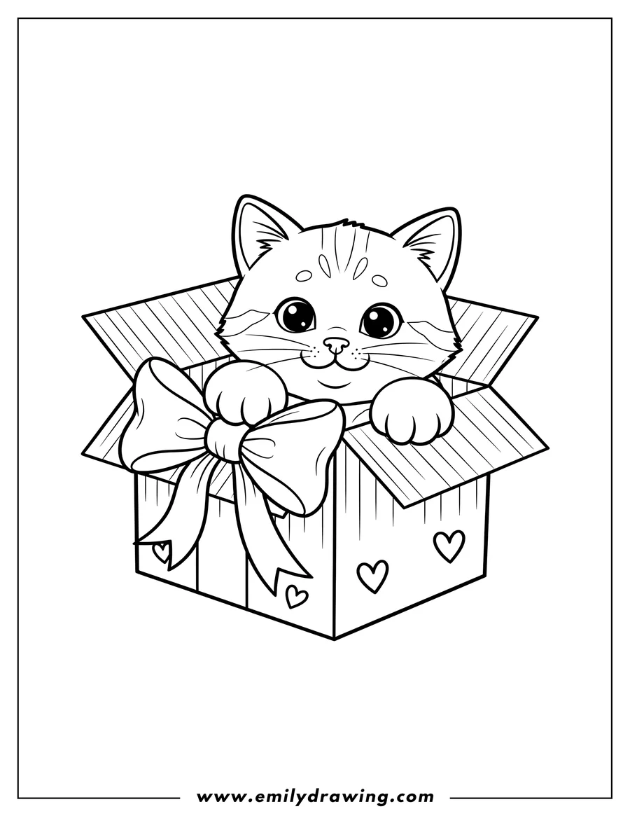 Outline drawing of kitten Peering Out Box With Large Bow, with its paws on the edge and a curious expression