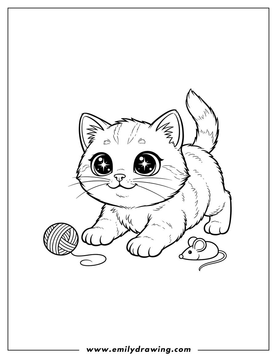 Coloring page for kids: kitten Play Bow Pose, with big sparkly eyes looking up