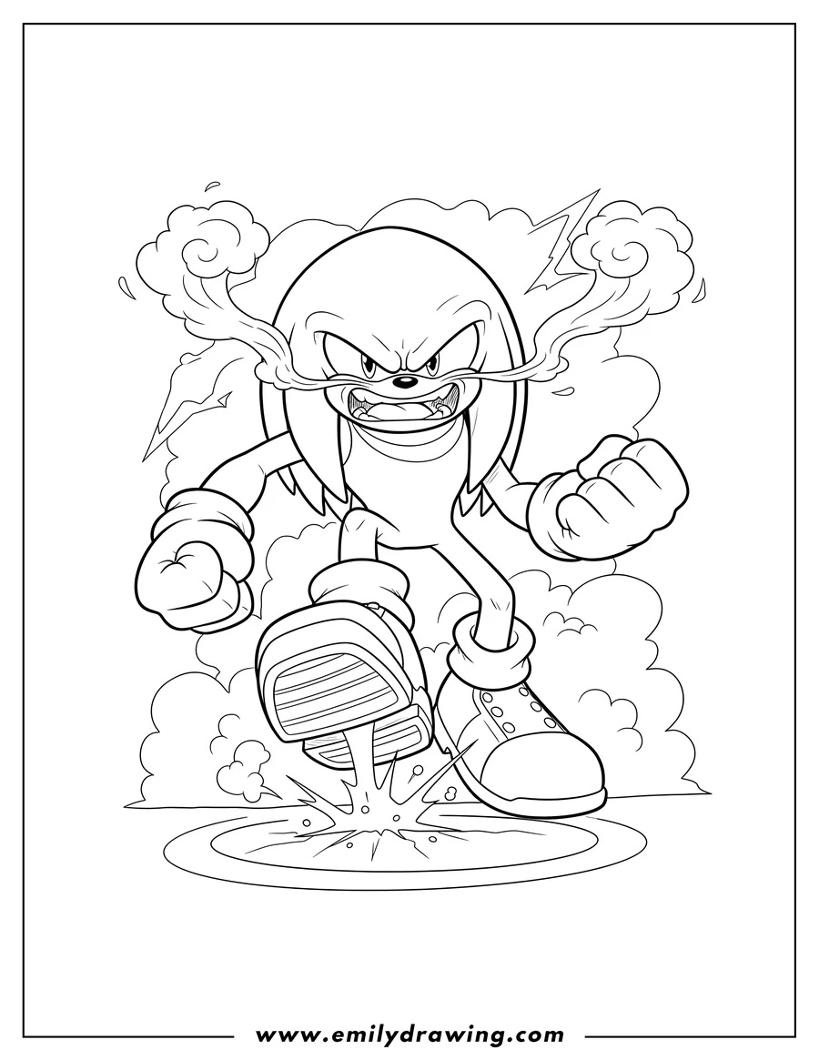 Vector style outline of knuckles angrily stomping with steam from his nose