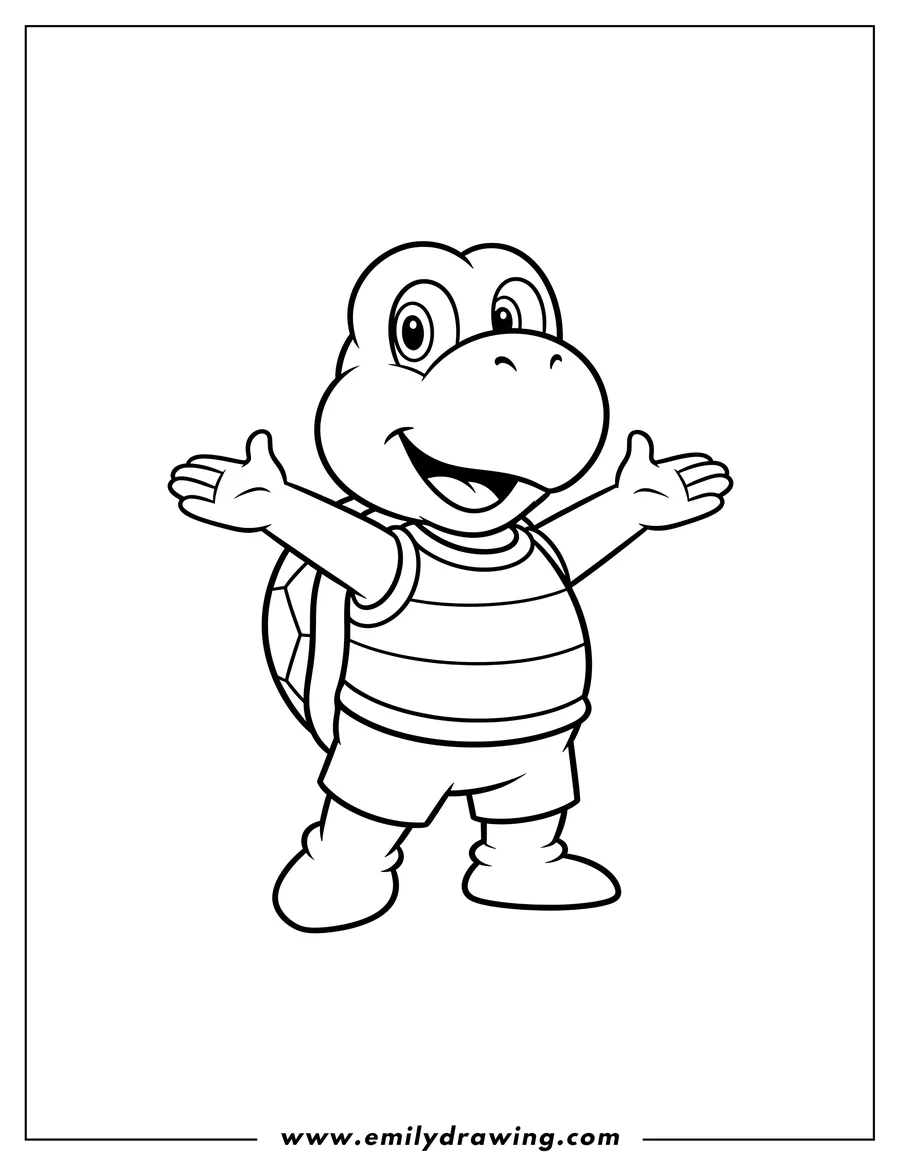Linear illustration of simple Koopa Troopa for preschoolers, standing with arms wide open and smiling
