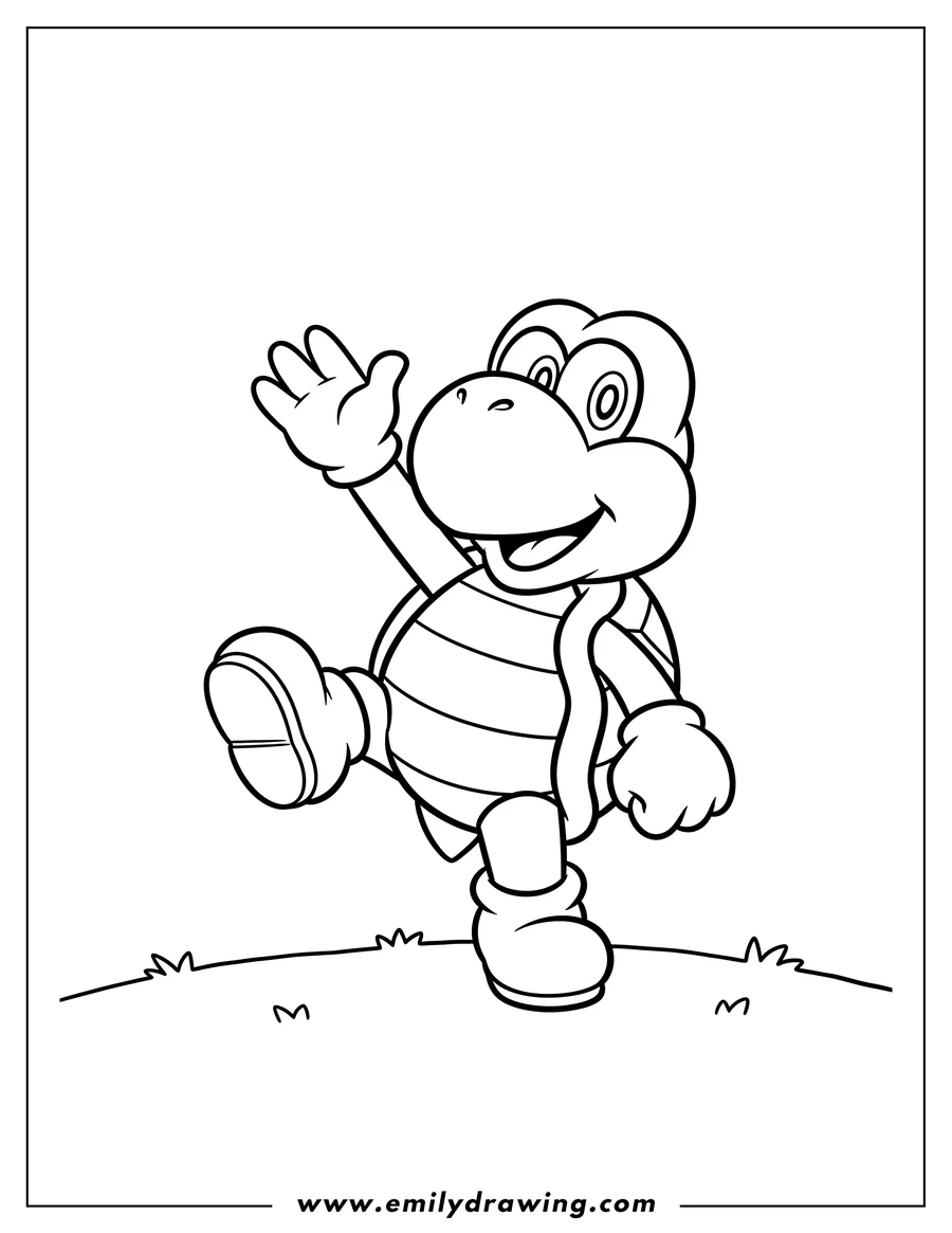 Black and white line art of koopa Troopa from a video game, standing with one foot raised and one arm up, as a coloring page
