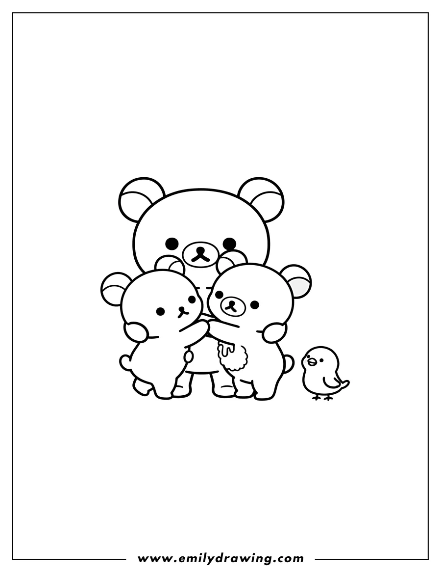 Vector style outline of korilakkuma and Chairoikoguma hugging Rilakkuma, with Kiiroitori nearby