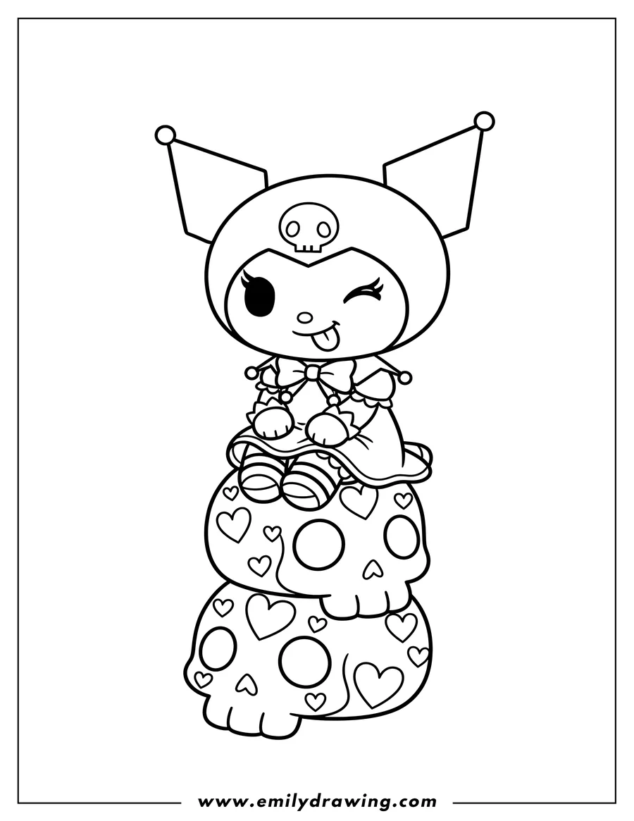 Downloadable coloring page of kuromi making a winking face with her tongue out while sitting on two skulls decorated with hearts