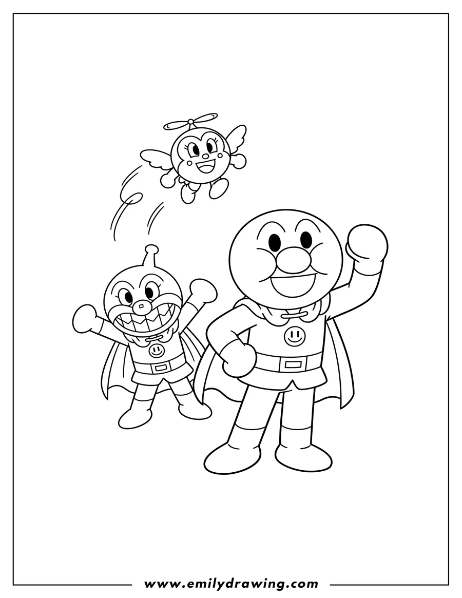 Coloring page for kids: kurun Anpanman And Baikinman, with Anpanman posing heroically, Baikinman grinning, and Kurun flying