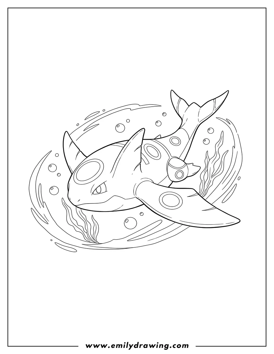 Simple sketch of kyogre, a legendary Pokemon, swimming underwater with outstretched fins to color